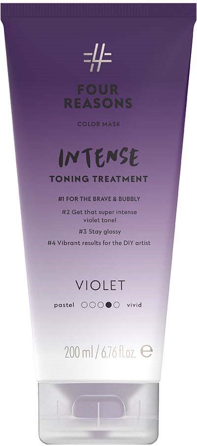 Purple tube of facial mask labeled 'Four Reasons Intense Toning Treatment' with features listed.