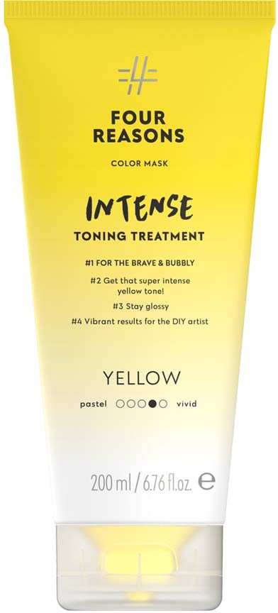 A yellow tube packaging for a face mask, labeled 'Four Reasons' and 'Intense Toning Treatment.'