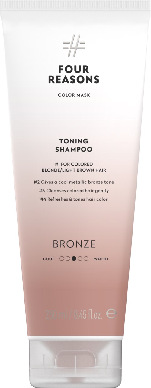 A white and pink gradient tube of Four Reasons Toning Shampoo with bronze color benefits for warm blondes.