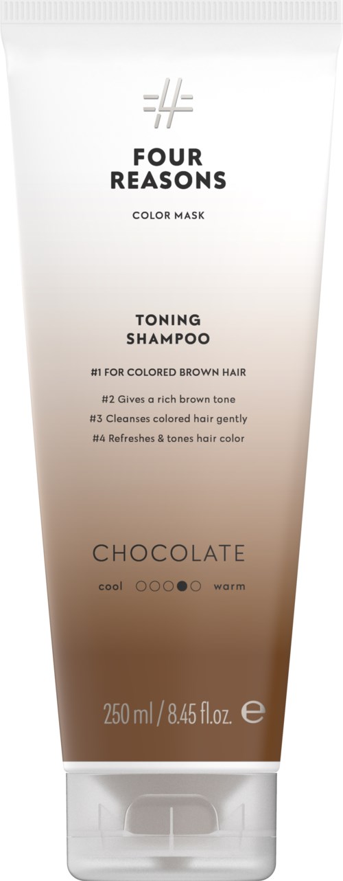 Hiusnaamio-tarra, nimeltä 'Four Reasons', sävyttävä shampoo värjätylle ruskealle hiukselle, 250 ml, tuoksuu suklaalta.