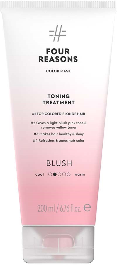 A tube of hair toner treatment called Four Reasons Blush, with pink and white colors, designed for colored blonde hair.