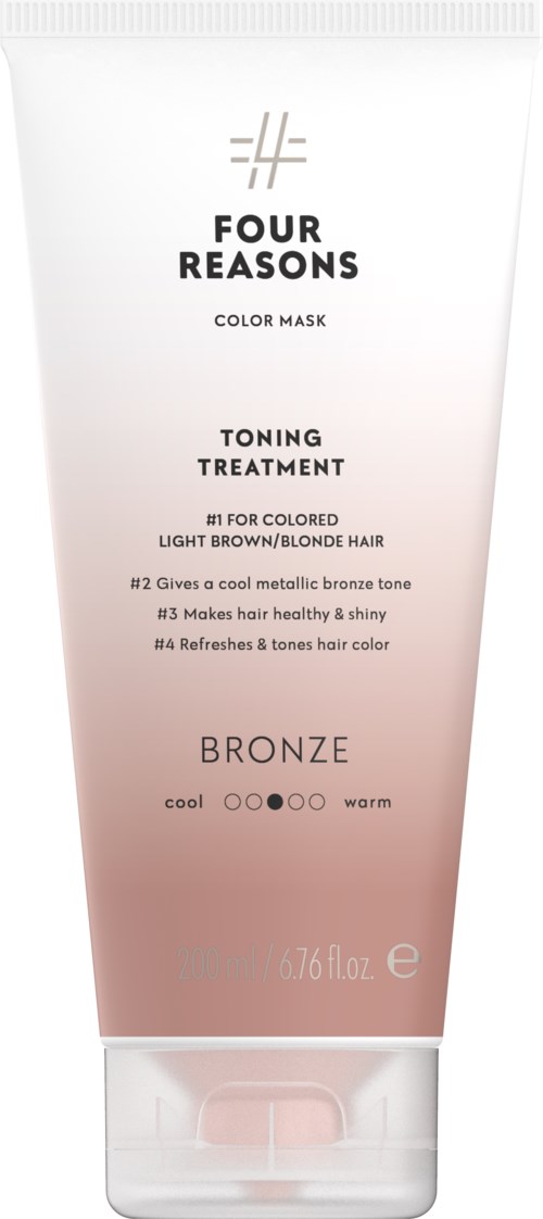 A bottle of color mask toner treatment for light brown or blonde hair, with bronze tone, cooling and warming options.