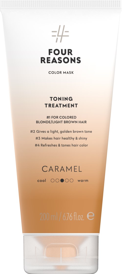 A tube of hair color mask named 'Four Reasons' with caramel tone, suited for blond or light brown hair.