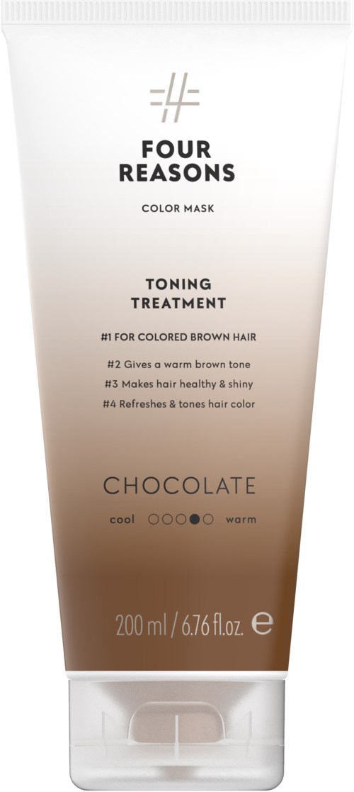 A hair mask tube offers a toner treatment for colored brown hair, emphasizing warmth and shine, with chocolate scent options.