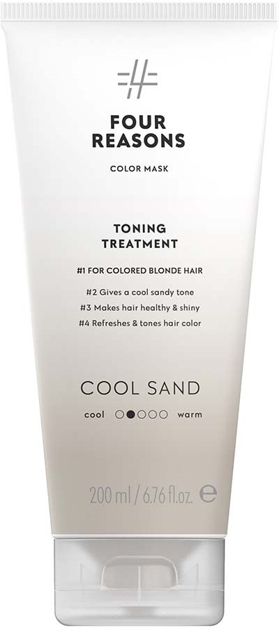 The tube of hair toner treatment with branding, product details, and a sand color option.