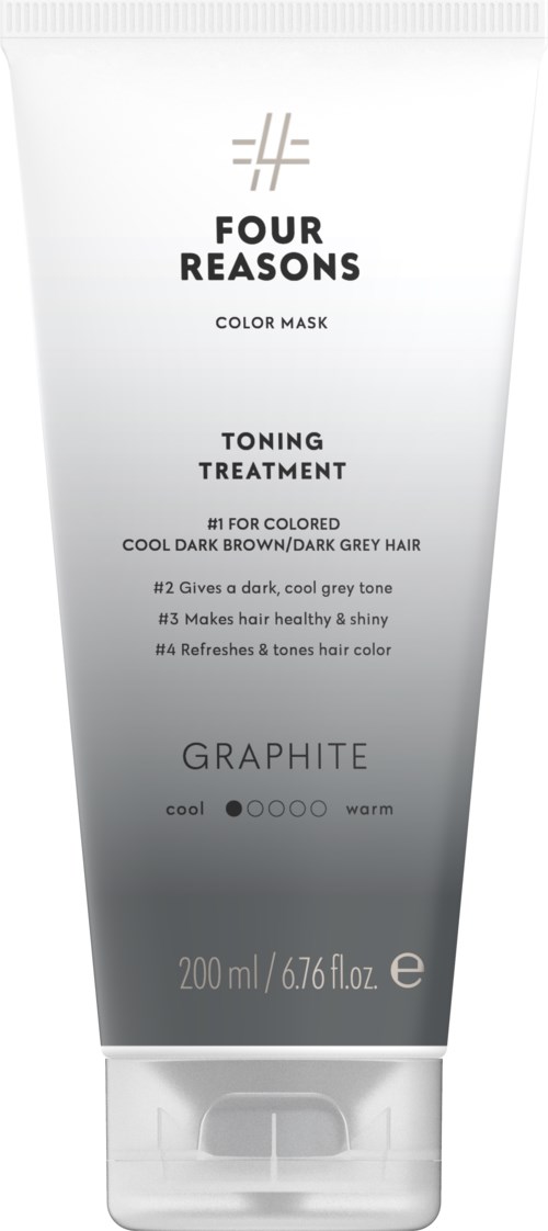 A tube of hair color mask named 'Four Reasons' for dark brown or gray hair, with a gray and white design.
