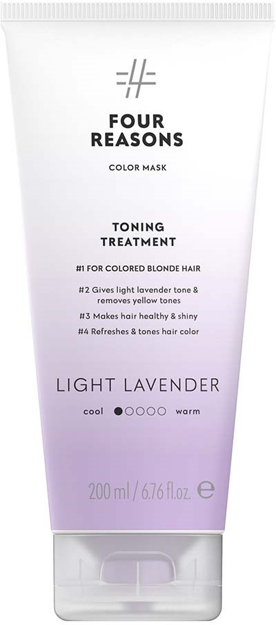 A white tube of hair toner with purple gradient, labeled 'Four Reasons Light Lavender,' 200ml, suitable for blonde hair.