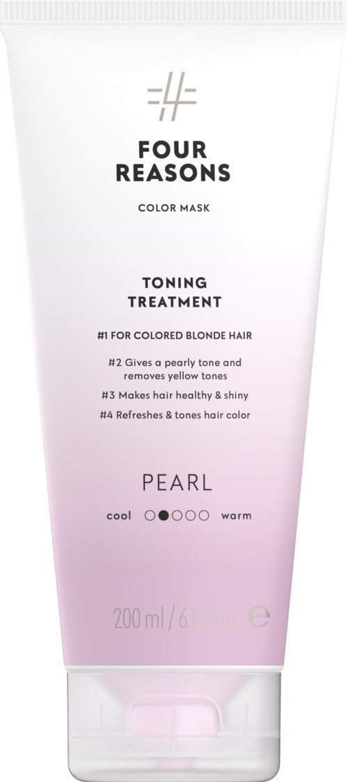 White tube with black text, branding for Four Reasons color mask, labeled 'PEARL' for toning treatment, 200 ml.