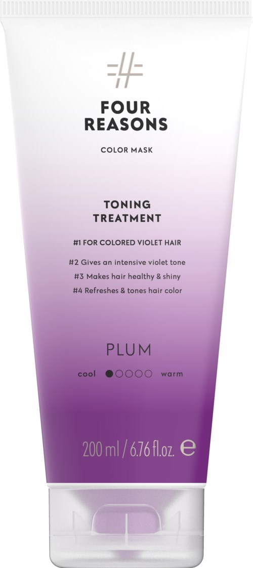 A tube of hair toner mask, purple gradient, labeled 'Four Reasons Plum,' for colored violet hair, 200ml size.