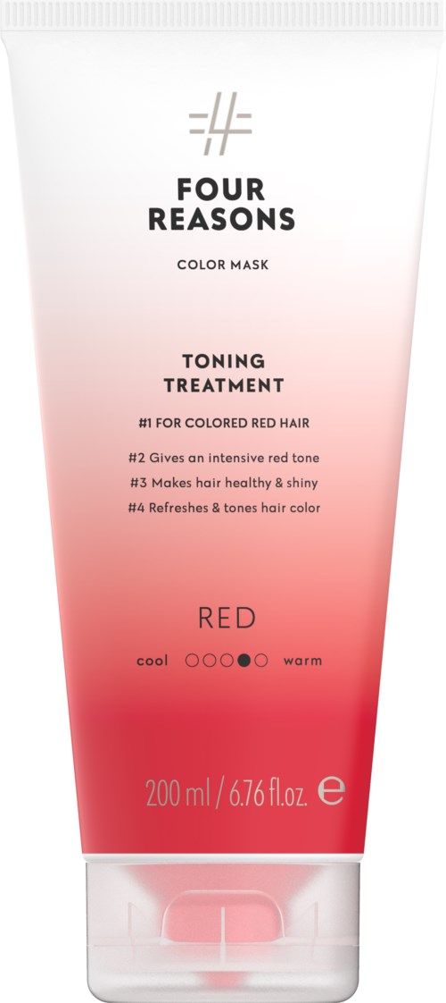 Tube of hair color mask with red branding, mentioning four benefits for color-treated hair.