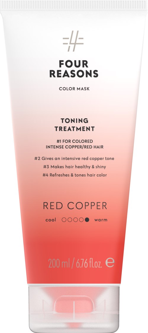 A tube of hair toning treatment for red copper hair, with warm color gradient and product details.