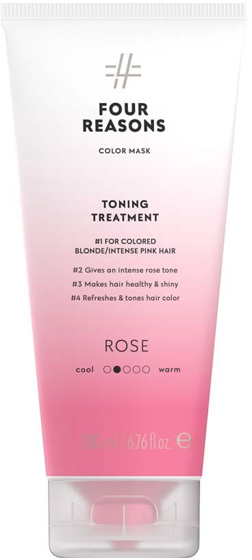 A tube of color mask with pink to white gradient, labeled 'Four Reasons' for toning blonde or pink hair.