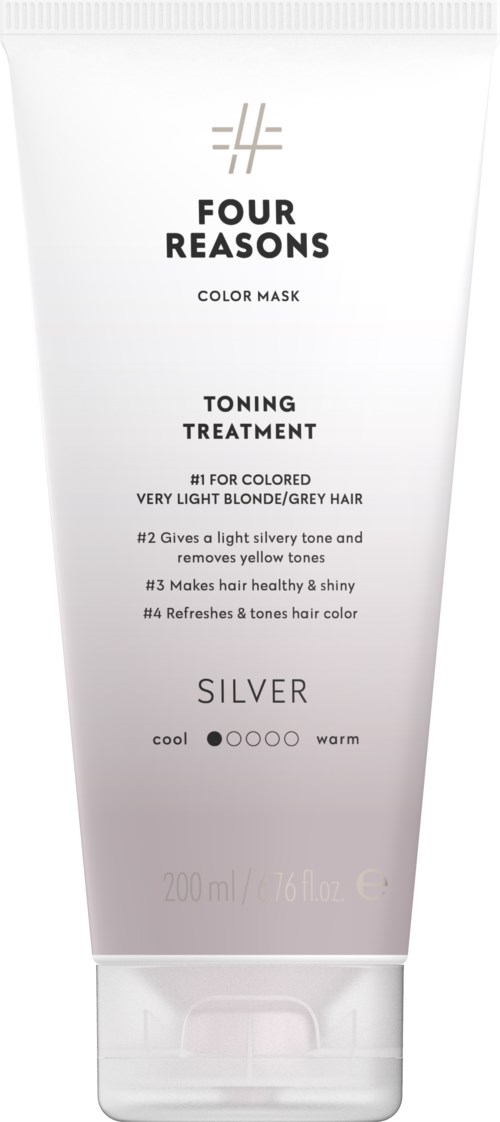 A white tube with text about hair color mask and toning treatment for blonde or grey hair, with a silver label.