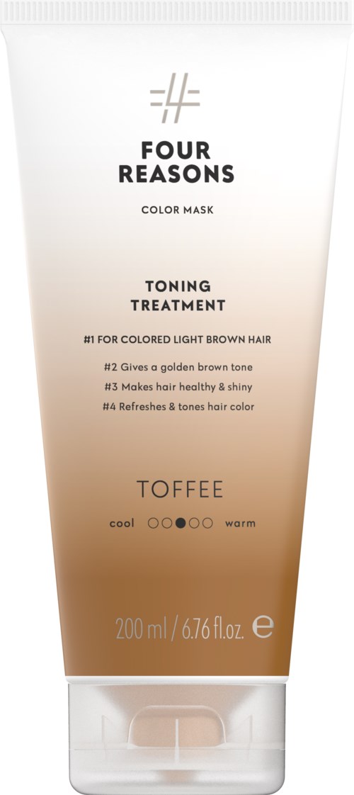 A hair treatment product called Four Reasons Toning Treatment Toffee, with instructions for warm or cool use, and 200ml size.