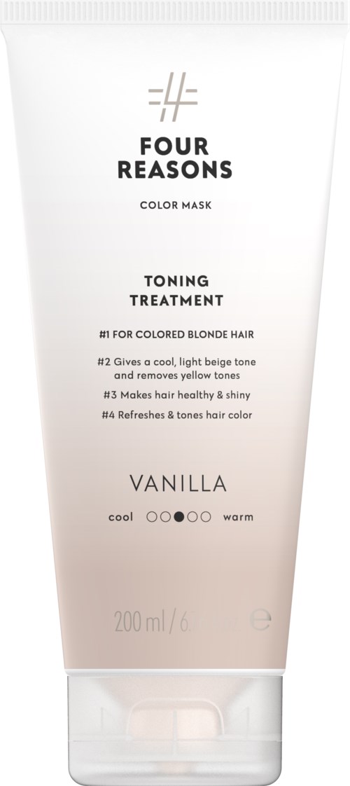 A tube of hair mask labeled 'Four Reasons,' vanilla scent, tones hair, refreshes, suitable for cool or warm hair.