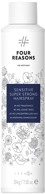 Een wit spuitbusje met label 'Four Reasons Sensitive Super Strong Hairspray' en bloemillustraties.
