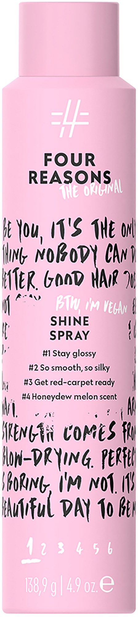 Rosa sprayflaske merket 'Four Reasons' med håndskrevet stiltekst og produktdetaljer.
