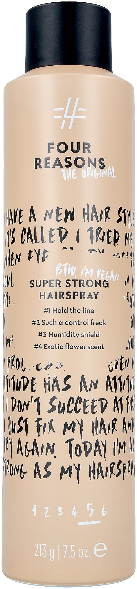 A beige bottle with a black cap, displaying text about hair care and a handwritten style message.