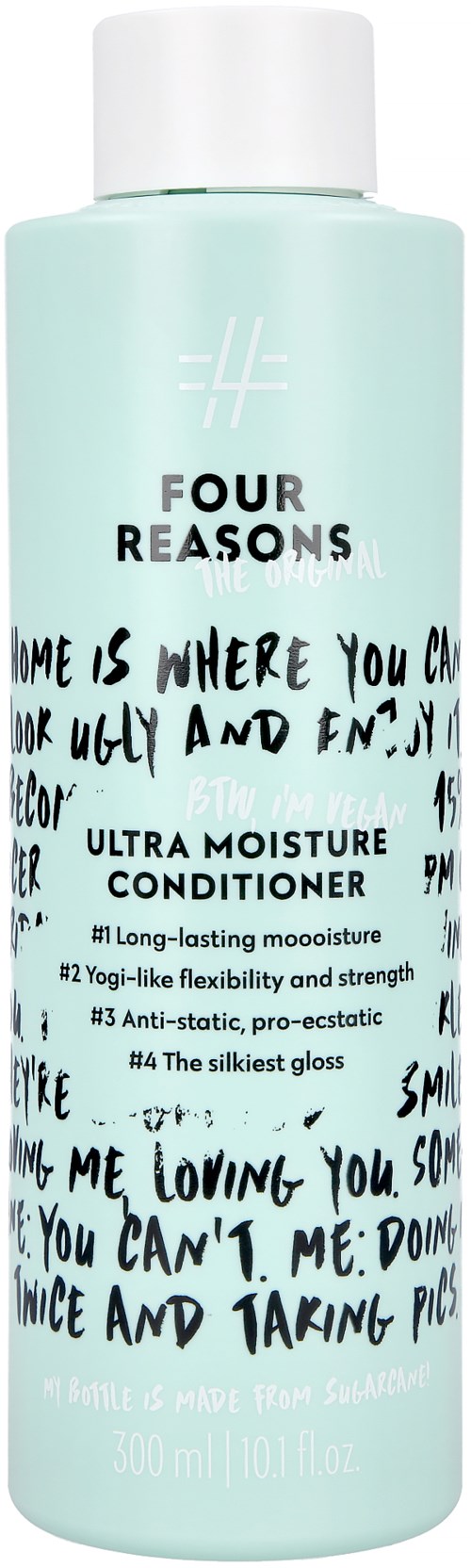 A light green bottle of Four Reasons Ultra Moisture Conditioner with black and white text and handwritten style writing.