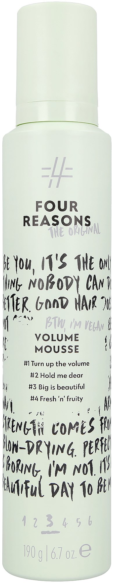 A white bottle with black handwritten text, titled 'Volume Mousse' by Four Reasons, with a minimalist design.
