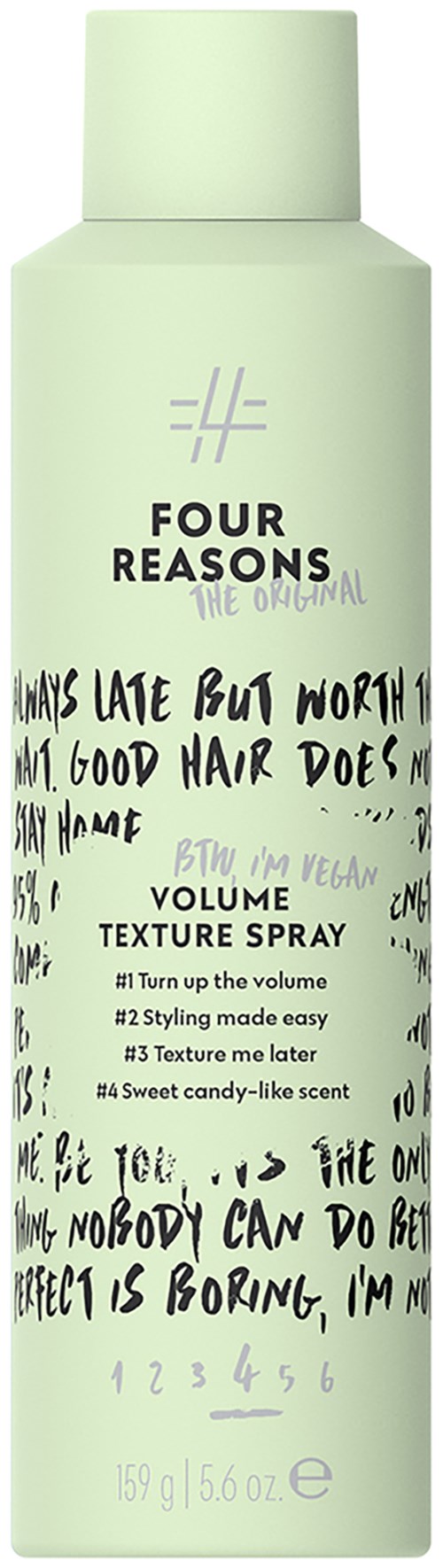 A pale green can of hair spray with black handwritten style text and a logo at the top.