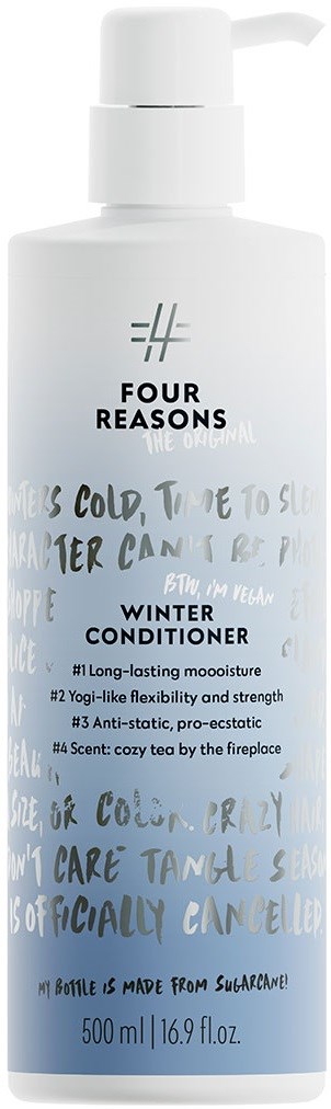 Hvit flaske med pumpe, merket Four Reasons Winter Conditioner, har svart tekst og blå gradient nederst.