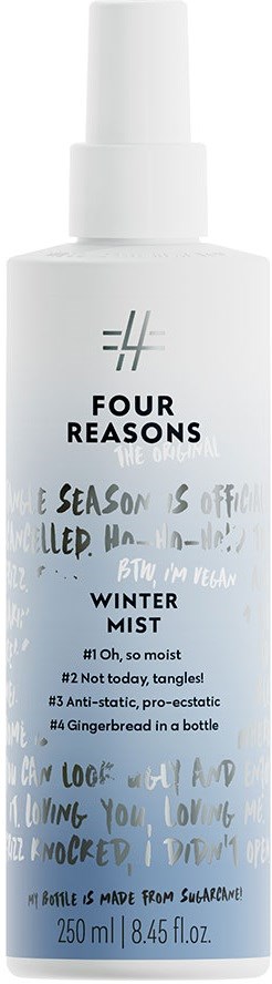 A white spray bottle labeled Four Reasons Winter Mist, with a mist nozzle and some handwritten style text.