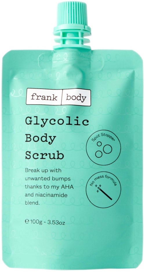 Een tealkleurige zak met glycolische lichaamscrème, met schroefdop, met merknaam 'Frank Body' en productdetails.