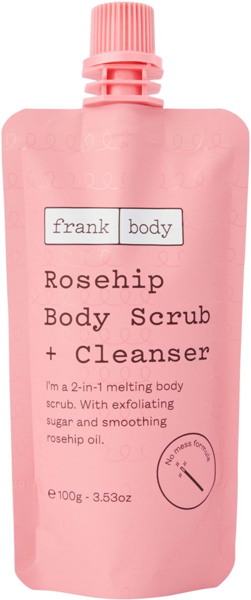 Roze tube met rosehip body scrub en cleanser met dop en label met productgegevens.