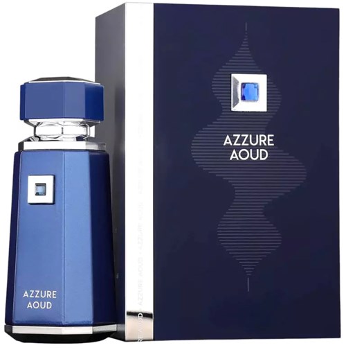 Een blauwe parfumfles en doos, met de merknaam 'Azure Aud'. De fles heeft een modern geometrisch ontwerp.