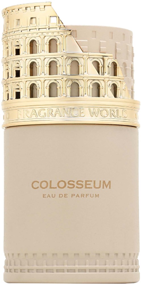 En parfymflaska med ett detaljerat, slottsliknande lock och orden CoLOSSEUM Eau de Parfum på den.