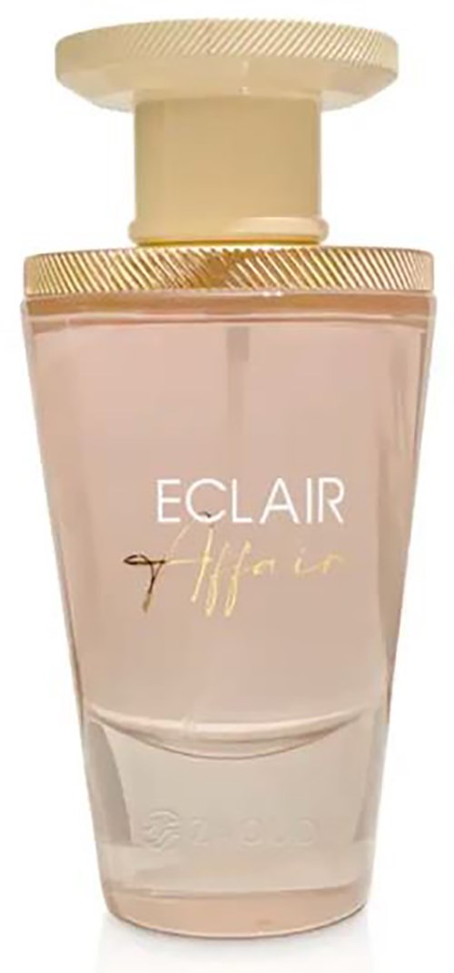 En parfymflaska märkt 'ECLAIR Hair' med ett krämfärgat lock och rosa vätska inuti.