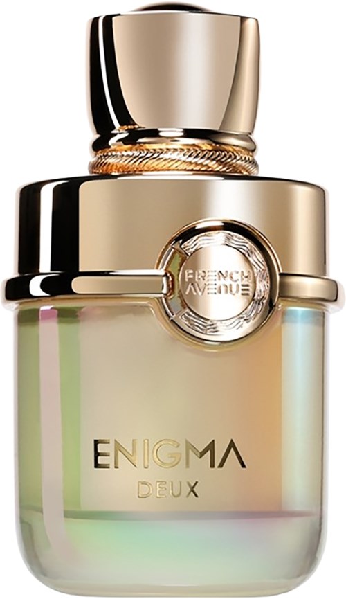 Een luxe parfumfles met een glanzend, reflecterend oppervlak, gouden details en de tekst 'ENIGMA DRUX'.