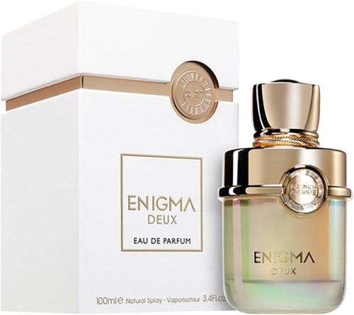 Gouden en zwarte parfumfles met witte doos, gelabeld Enigma Deux Eau de Parfum, 100ml.