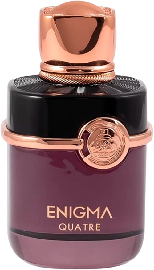 Een parfumfles met paarse body, zwarte bovenkant en roségouden accenten, met een medaille-achtig embleem.