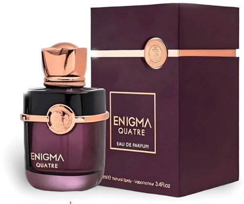 Een parfumfles met bijpassend doosje, allebei in donkere kleuren met gouden accenten en de woorden 'Enigma Quatre'.