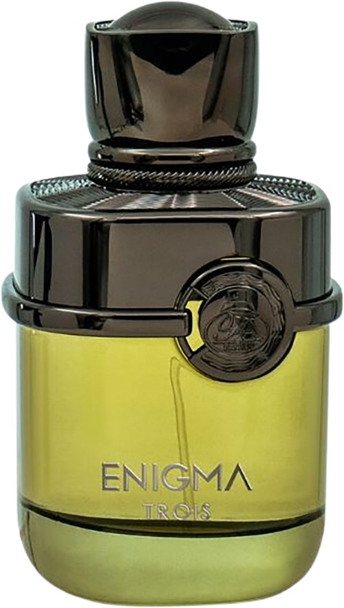 En parfymeflaske med svart lokk, gulgrønn kropp og teksten 'ENIGMA TRES'.