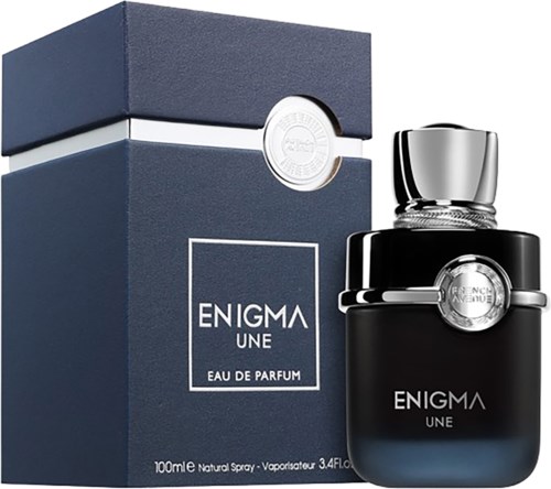Een zwart parfumflesje met zilveren deksel en een bijpassende doos met de tekst 'Enigma Une Eau de Parfum'.