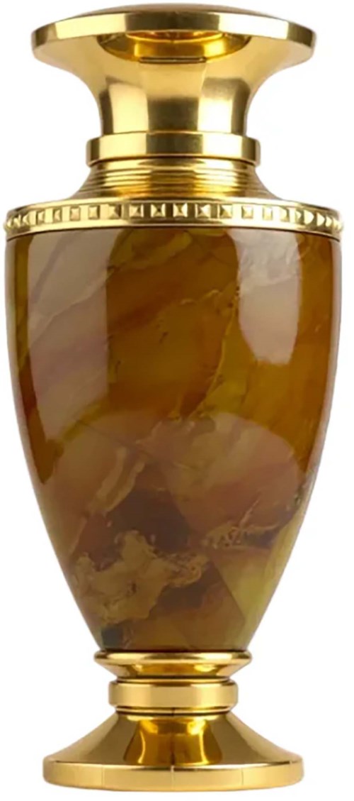 A decorative urn with gold accents and a marbled brown body.