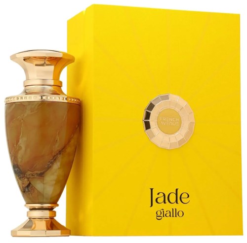 A perfume bottle with a marble-like design and a yellow packaging box with a round mirror.