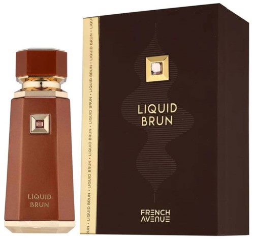 En parfymflaska märkta Liquid Brun och dess box med guld- och brunt färg, stilren design och märket French Avenue.