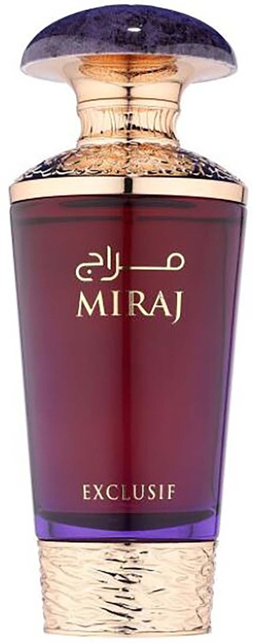A perfume bottle with a purple cap, red liquid, and gold accents, labeled 'Miraj' and 'Exclusif'.