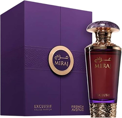 A perfume bottle and box, purple color, with gold and red accents, labeled "MIRAJ" and "EXCLUSIF."