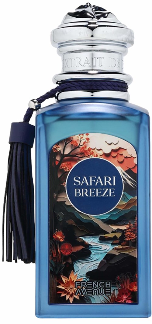 En blå parfymeflaske med dekorativ etikett og sølvhette, merket Safari Breeze, French Avenue, og dekorert med blomster og fjell.