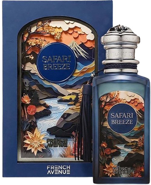 En duftpåse og eske med et fargerikt landskapsdesign av fjell, vann og blomster, merket Safari Breeze.