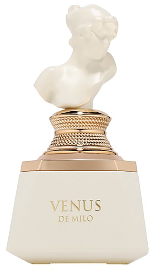 En parfyllflaska med en bust av en kvinna ovanpå, märkt 'Venus de Milo', med en guldfärgad och vit bas.