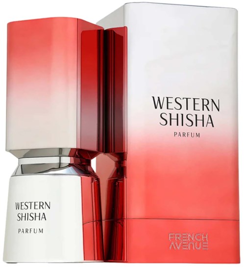 En parfymeflaske og eske med røde og hvite farger, merket Western Shisha Parfum og French Avenue.