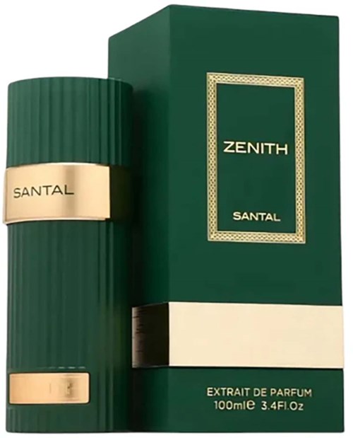 Vihreä hajuvesipullo kultaisilla koristeilla ja vastaava laatikko, etiketti Zenit Santal, 100ml.
