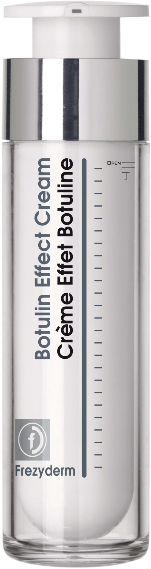 Een lange, heldere fles met pomp, gelabeld 'Botulin Effect Cream' en 'Frezyderm', voor huidverzorging. Bevat een vloeistof.