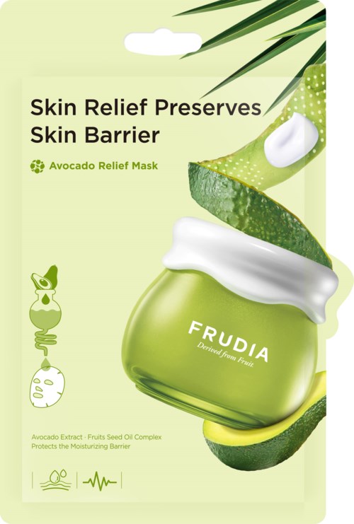 Ein Hautpflegeprodukt mit Aloe und Avocado zeigt einen grünen Behälter, Aloe-Blätter und Avocado-Stücke auf der Verpackung.